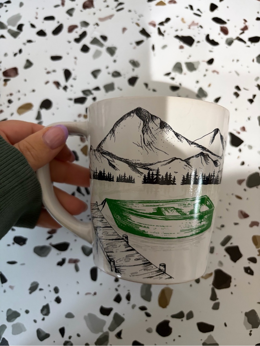 Scenic Mountain Boat Ceramic Mug - Green